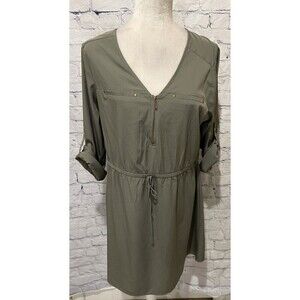 MPH Womens PXL Shirt Dress Olive Green Military Inspired Zip Front